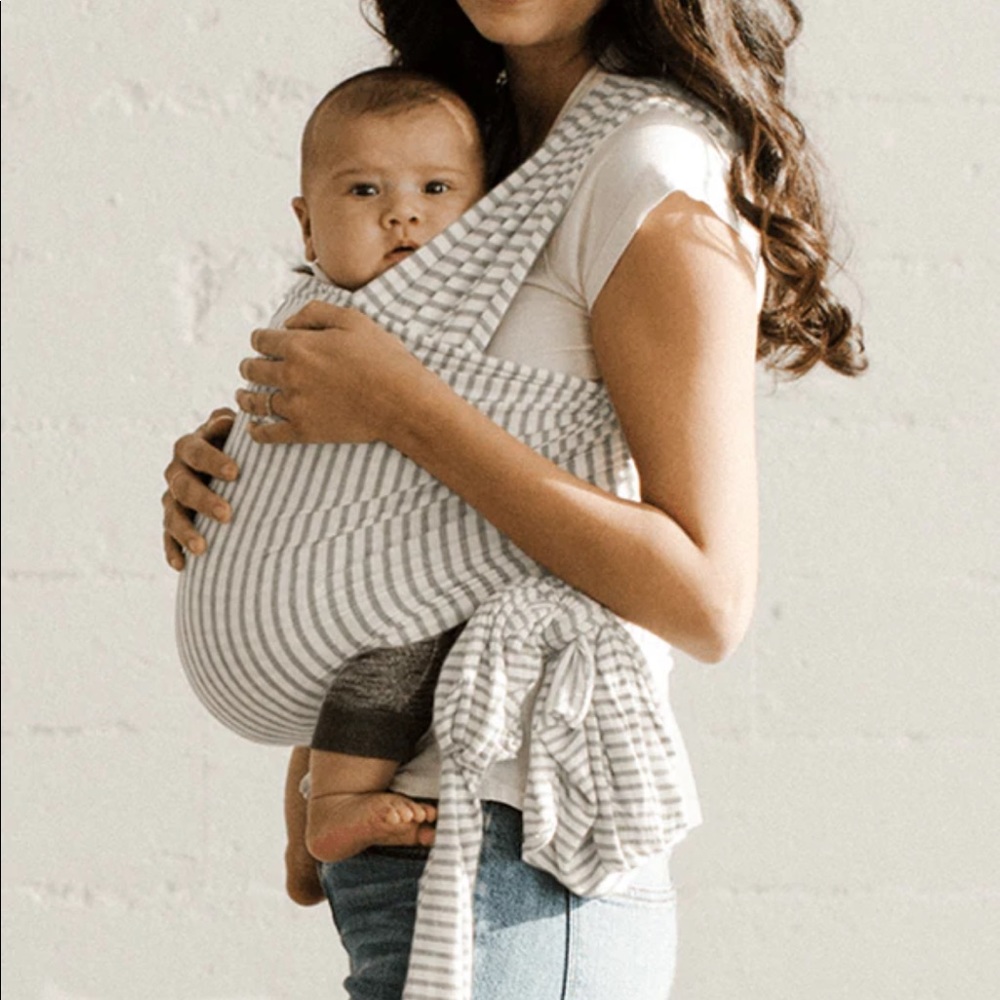 Gray and white striped Solly baby wrap.